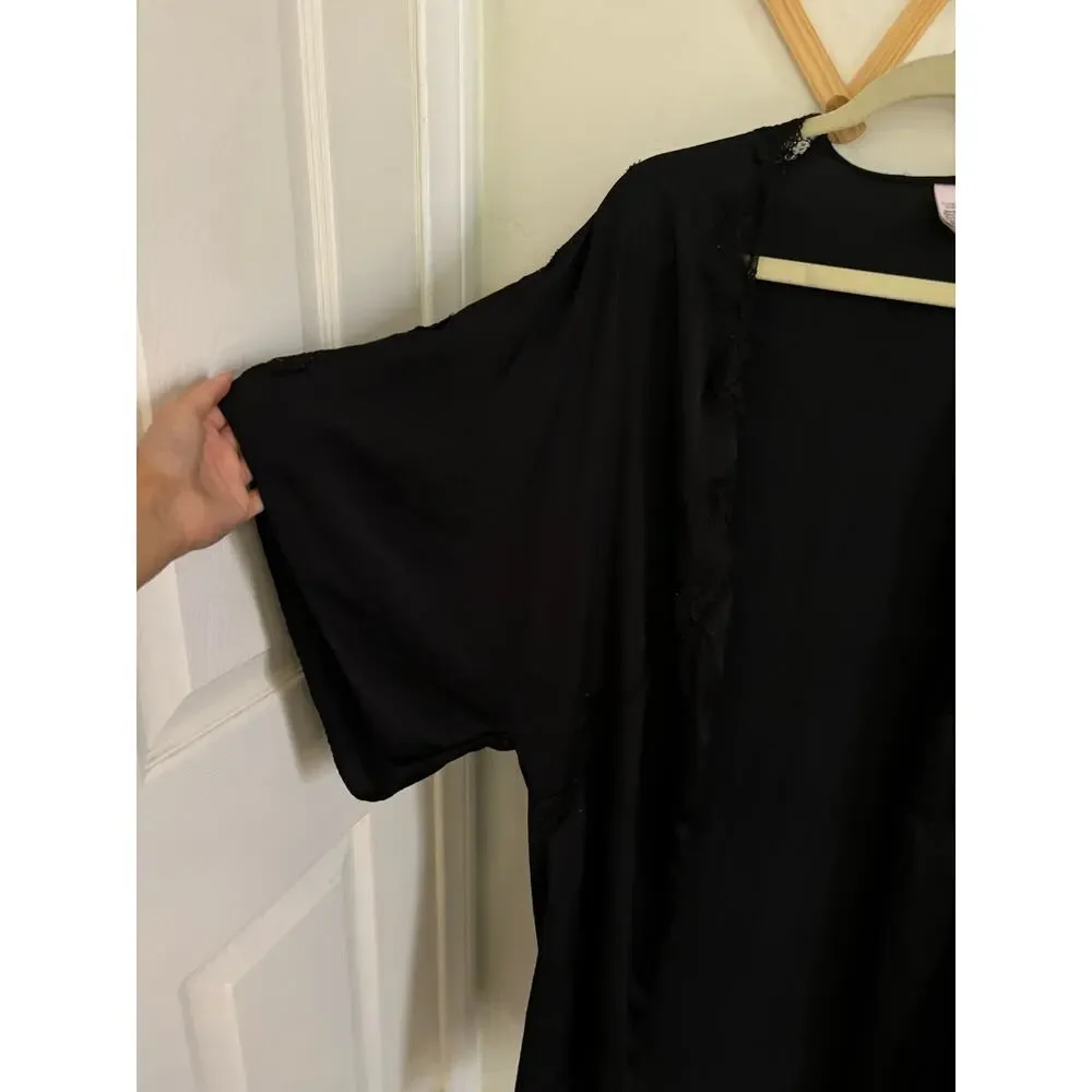 Victoria's Secret Sleepwear Women's XS Black Robe Satin Lace Open Kimono Long - Picture 2 of 5